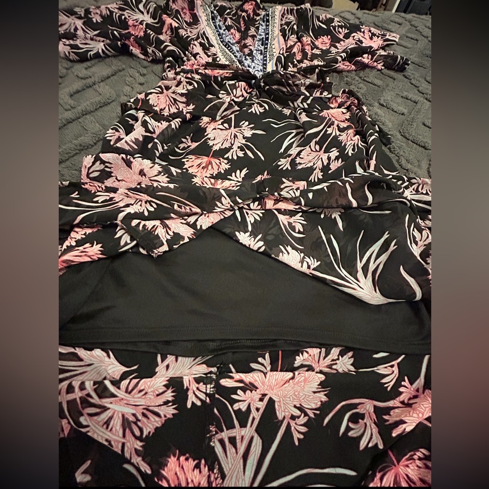 NEW EXPRESS Boho V-Neck Floral Kimono Style Maxi Dress w/ Slit Black Pink White - Picture 9 of 14